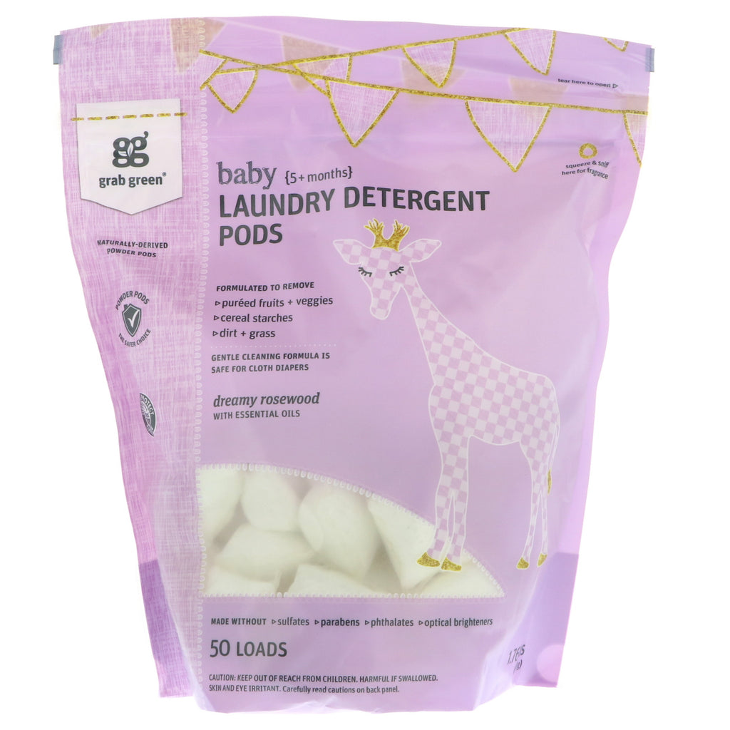 GrabGreen Detergente en cápsulas para ropa para bebés de más de 5 meses Dreamy Rosewood con aceites esenciales 50 cargas 1,76 lbs (800 g)