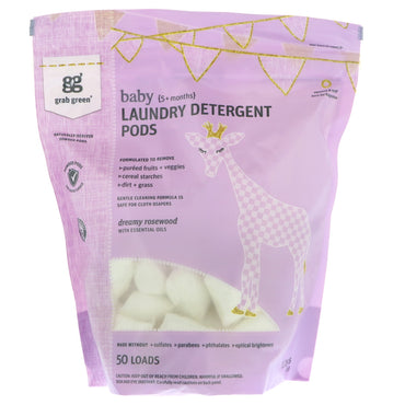 GrabGreen Detergent do prania w kapsułkach dla dzieci od 5 miesięcy Marzycielski palisander z olejkami eterycznymi 50 ładunków 1,76 funta (800 g)