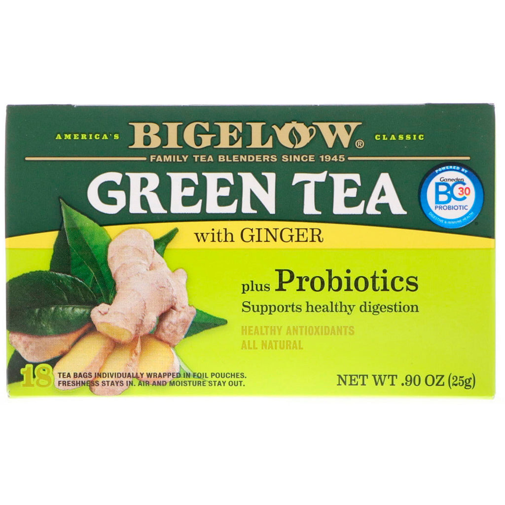 Bigelow, תה ירוק עם ג'ינג'ר פלוס פרוביוטיקה, 18 שקיקי תה, .90 אונקיות (25 גרם)