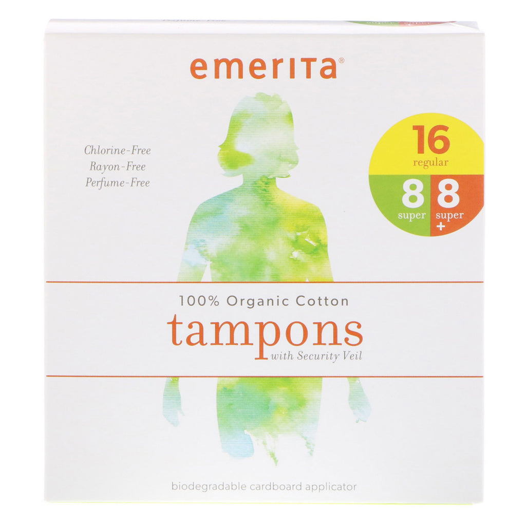 Emerita, Tampons aus 100 % Baumwolle mit Sicherheitsschleier, Multipack, 32 Tampons