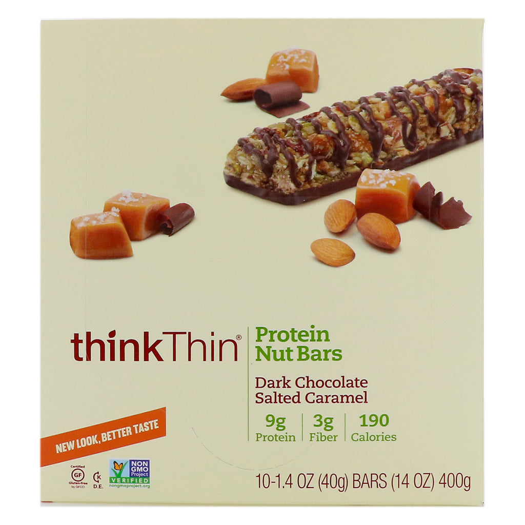 ThinkThin Protein Nut Bars Chocolate amargo Caramelo salado 10 barras 1,4 oz (40 g) cada una