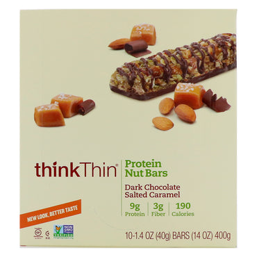 ThinkThin Protein Nut Bars Chocolate Amargo Caramelo Salgado 10 Barras 1,4 oz (40 g) Cada