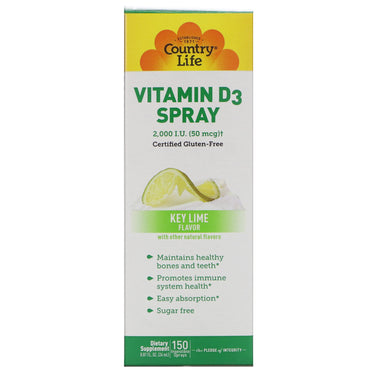 Country Life, Vitamin D3 Spray, Key Lime Flavor, 2.000 IE (50 mcg), 150 indtagelige sprays, 0,81 fl oz (24 ml)