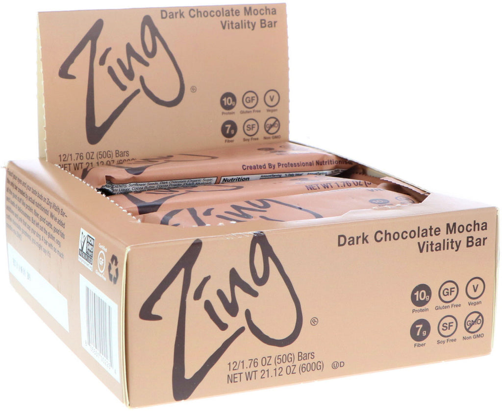 Zing Bars, Vitality Bar, Dark Chocolate Mocha, 12 Bars, 1,76 oz (50 g) hver
