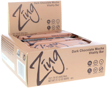 Zing Bars, Vitality Bar، شوكولاتة داكنة موكا، 12 قطعة، 1.76 أونصة (50 جم) لكل قطعة