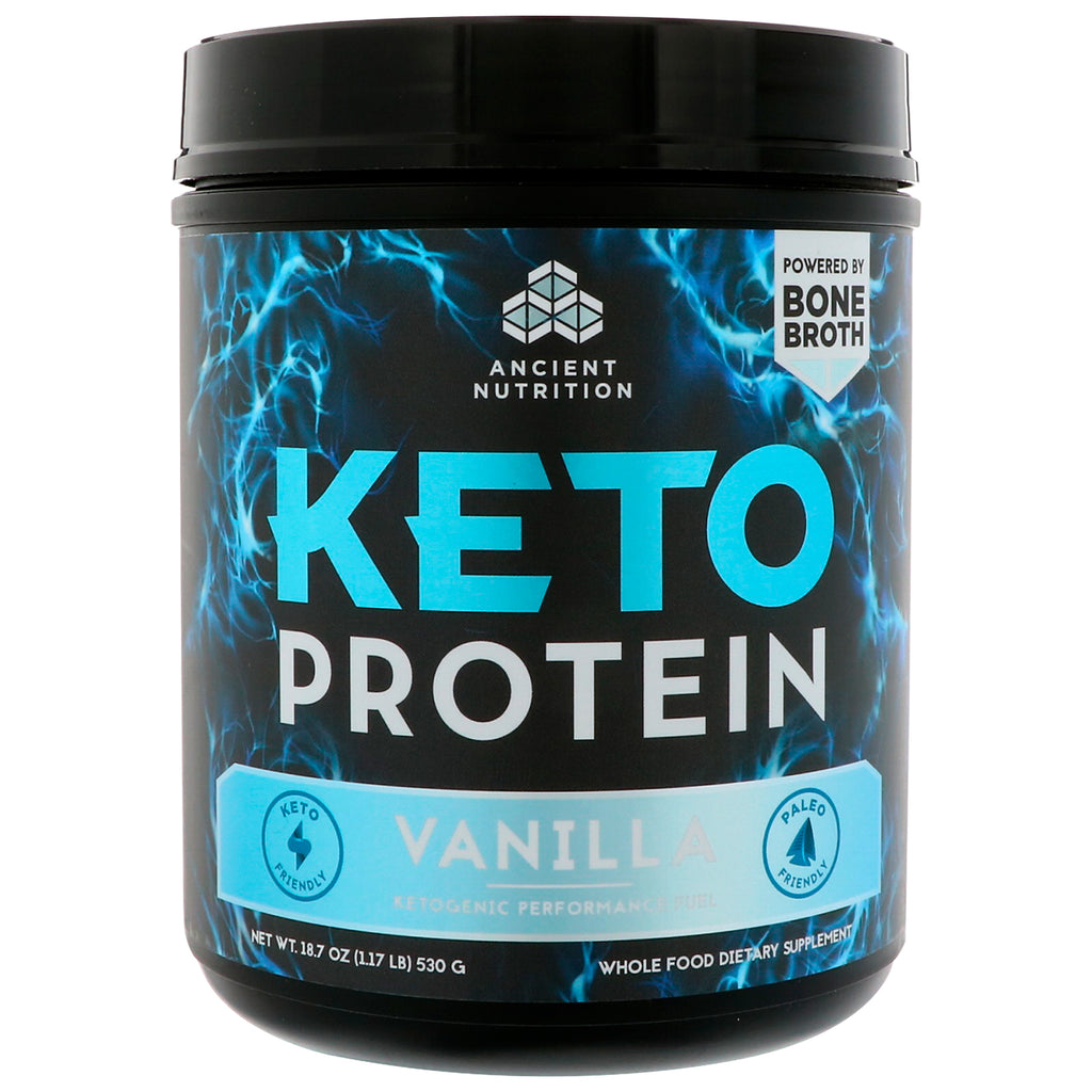 Dr. Axe / Ancient Nutrition, Keto Protein, combustible cetogénico para el rendimiento, vainilla, 18,7 oz (530 g)