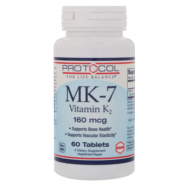 Protocole pour l'équilibre de la vie, MK-7 Vitamine K2, 160 mcg, 60 comprimés