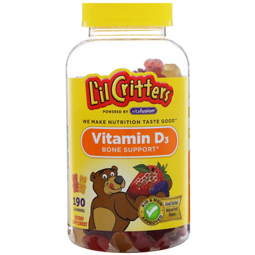 L'il Critters, Vitamina D3 para soporte óseo en gomitas, sabores naturales de frutas, 190 gomitas