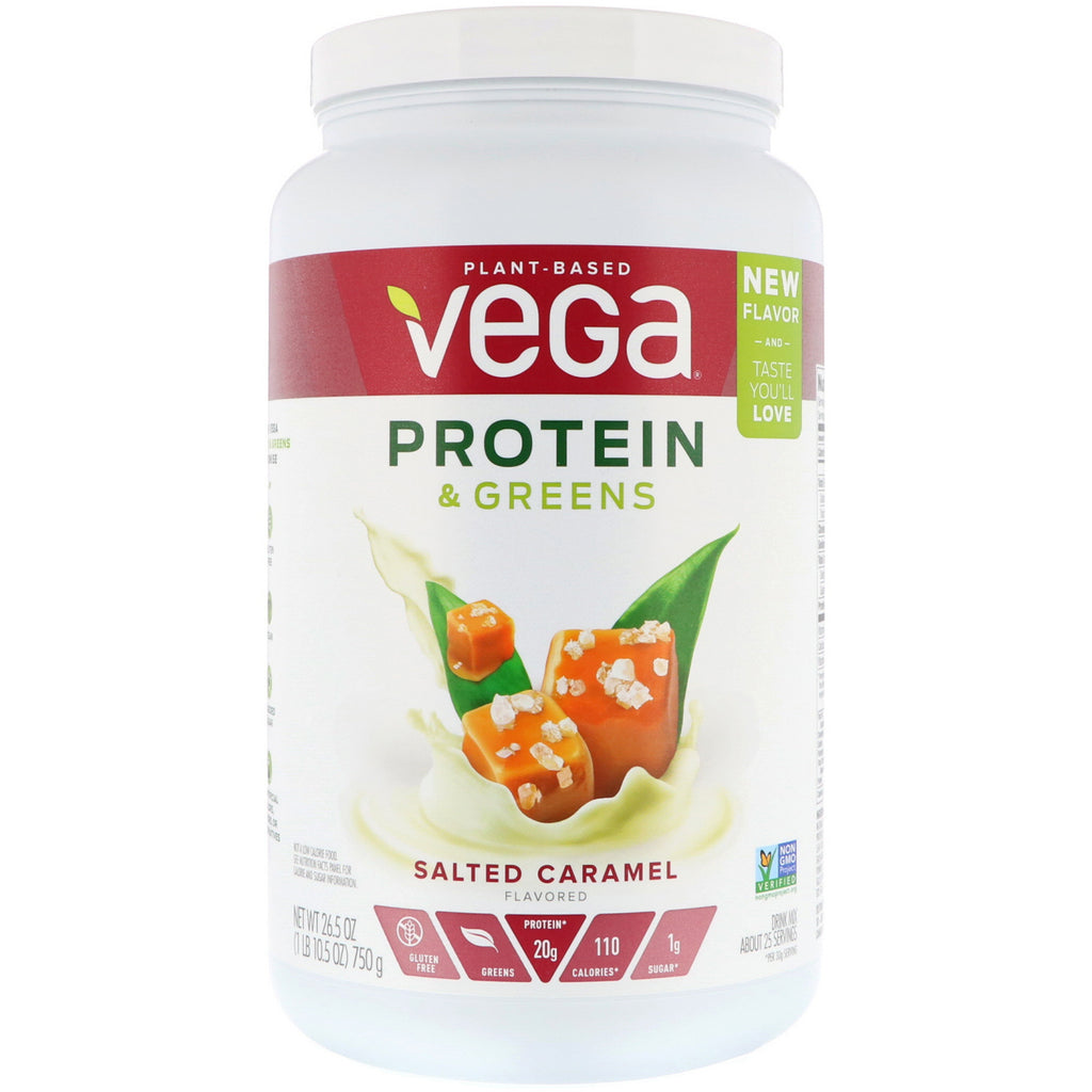 Vega, protein og grønt, saltet karamell smaksatt, 26,5 oz (750 g)