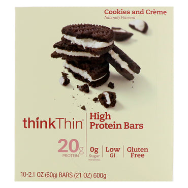 ThinkThin High Protein Bars Cookies and Cream 10 Bars 2.1 oz (60 g) Each