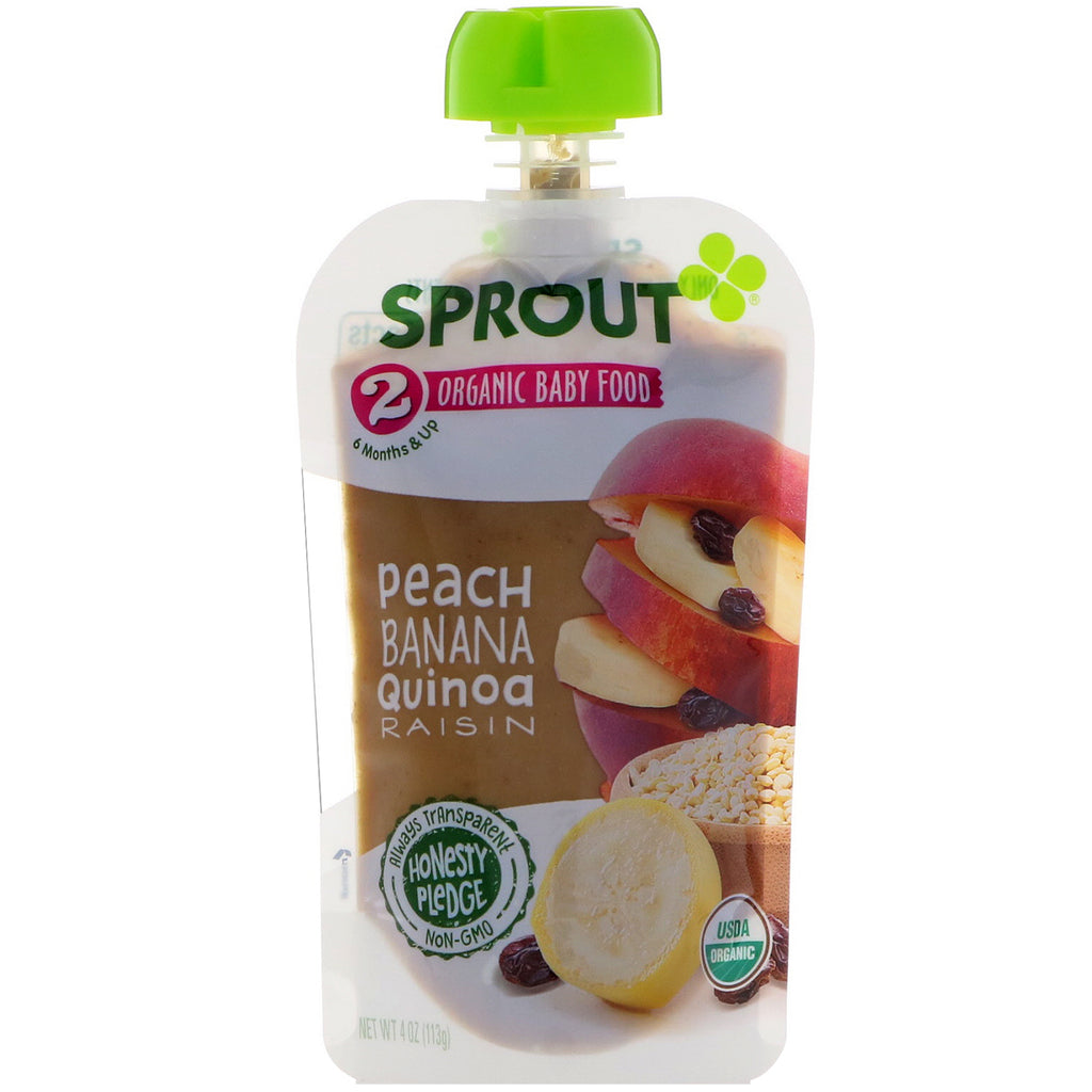 Sprout מזון לתינוקות שלב 2 אפרסק בננה קינואה צימוק 4 אונקיות (113 גרם)
