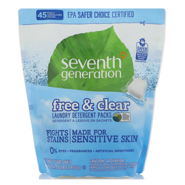 Seventh Generation, Paquetes de detergente para ropa, Free &amp; Clear, 45 paquetes, 31,7 oz (900 g)
