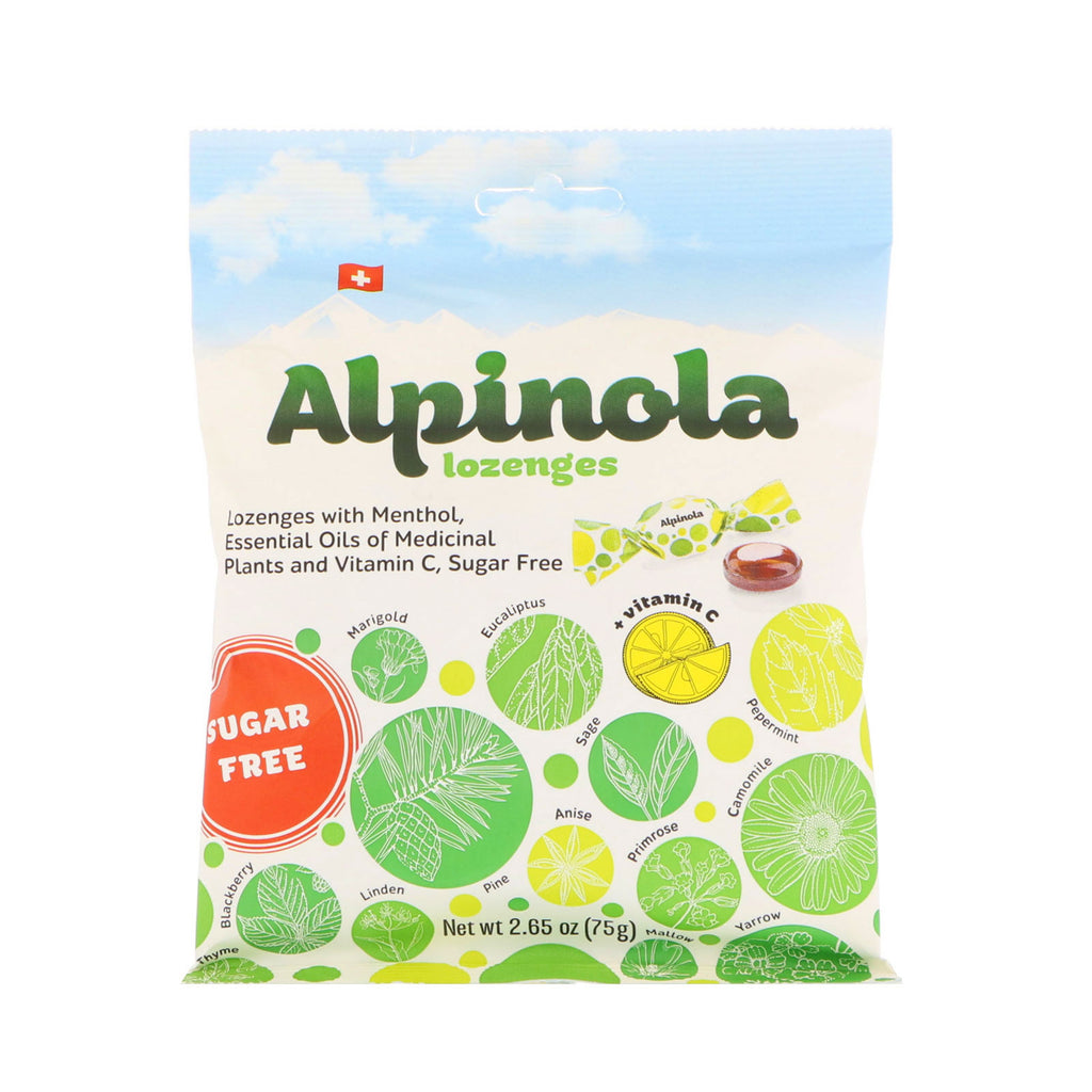 Alpinola, sugetabletter med mentol, essensielle oljer og vitamin C, sukkerfri, 2,65 oz (75 g)