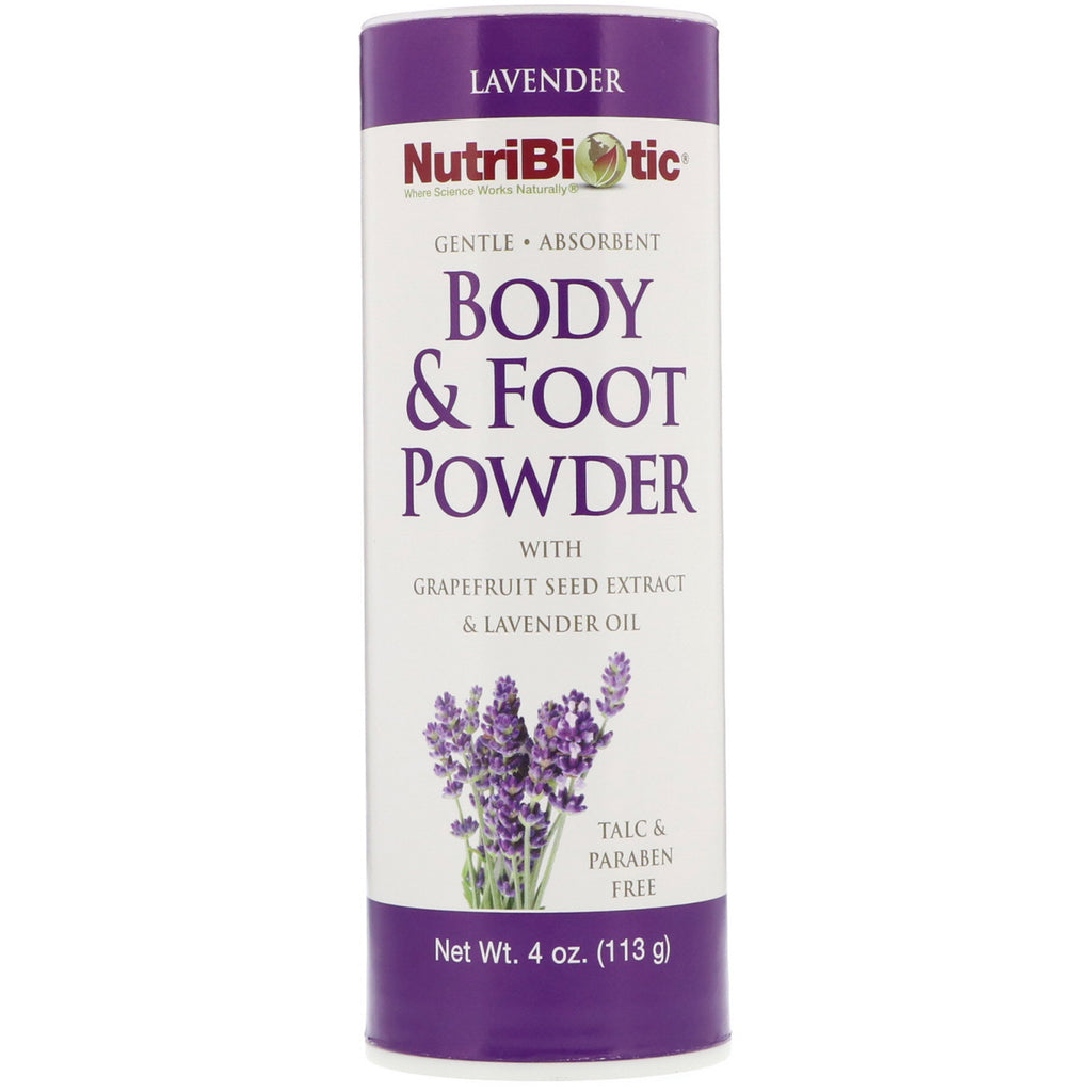 NutriBiotic, Poudre pour le corps et les pieds avec extrait de pépins de pamplemousse et huile de lavande, Lavande, 4 oz (113 g)