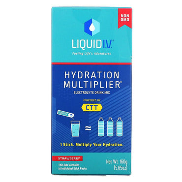 Liquid IV, ตัวคูณความชุ่มชื้น, เครื่องดื่มอิเล็กโทรไลต์ผสม, สตรอเบอร์รี่, แพ็กแบบแท่ง 10 แพ็ก, 0.56 ออนซ์ (16 ก.) ต่อขวด