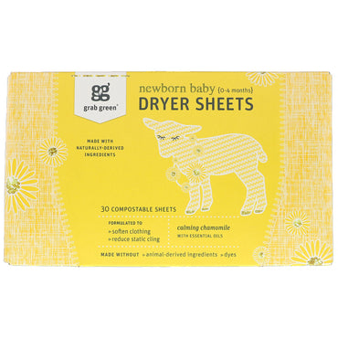 GrabGreen Dryer Sheets Manzanilla calmante para bebés recién nacidos con aceites esenciales 0-4 meses 30 hojas compostables