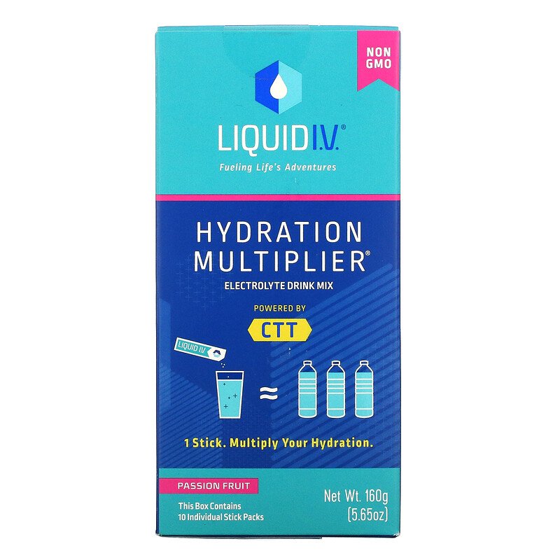 लिक्विड IV, हाइड्रेशन मल्टीप्लायर, इलेक्ट्रोलाइट ड्रिंक मिक्स, पैशन फ्रूट, 10 व्यक्तिगत स्टिक पैक, 0.56 आउंस (16 ग्राम) प्रत्येक