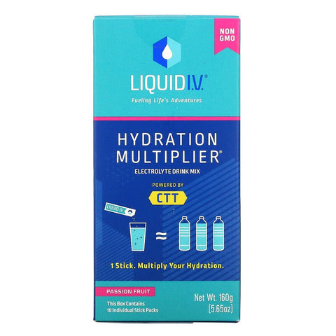 Liquid IV, ตัวคูณความชุ่มชื้น, เครื่องดื่มอิเล็กโทรไลต์ผสม, เสาวรส, แพ็คแบบแท่ง 10 ซอง, 0.56 ออนซ์ (16 กรัม) ต่อขวด