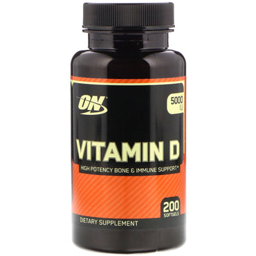 Optimum Nutrition, vitamina D, 5000 UI, 200 cápsulas blandas