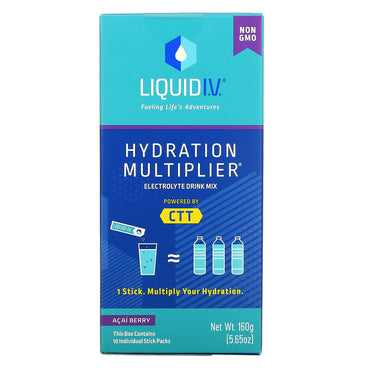 Væske IV, Hydration Multiplikator, Elektrolyttdrikkeblanding, Acai Berry, 10 pinnepakker, 0,56 oz (16 g) hver