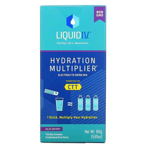 Liquid IV, ตัวคูณความชุ่มชื้น, เครื่องดื่มอิเล็กโทรไลต์ผสม, อาซาอิเบอร์รี่, 10 ซอง, 0.56 ออนซ์ (16 กรัม) ต่อขวด