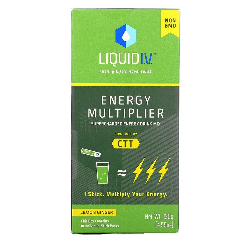 Liquid IV, moltiplicatore di energia, mix di bevande energetiche sovralimentate, zenzero e limone, confezioni da 10 stick, 16 g (0,56 oz) ciascuno