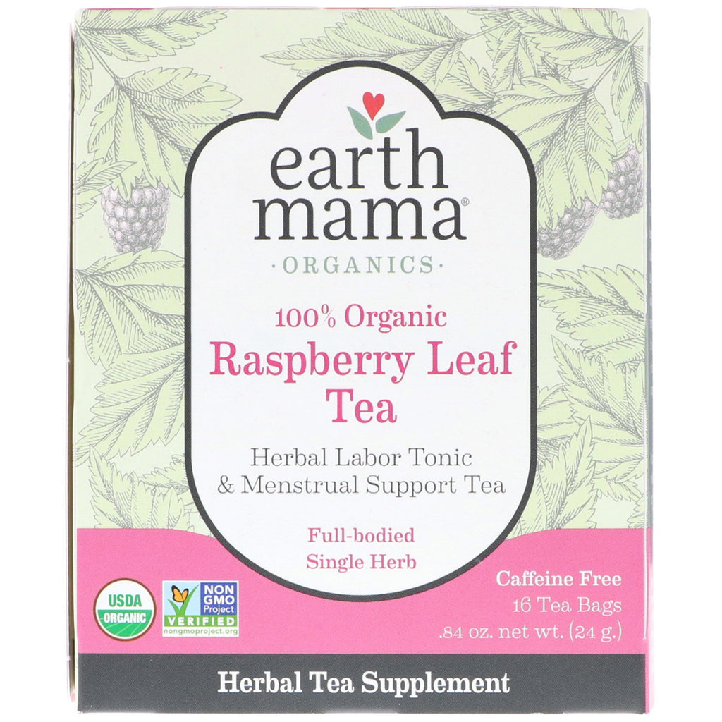 Earth Mama, tè alle foglie di lampone al 100%, erba singola corposa, 16 bustine di tè, 24 g (0,84 once)