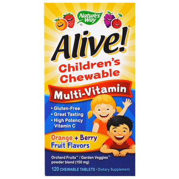 Naturens vei, levende! Multivitaminsmak for barn, appelsin + bærfrukt, 120 tyggetabletter