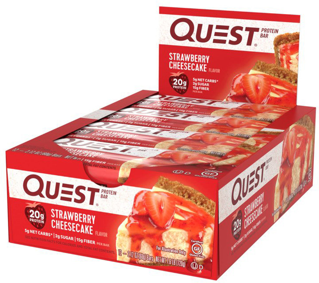 Quest Nutrition QuestBar Protein Bar Cheesecake cu căpșuni 12 batoane 2,1 oz (60 g) fiecare