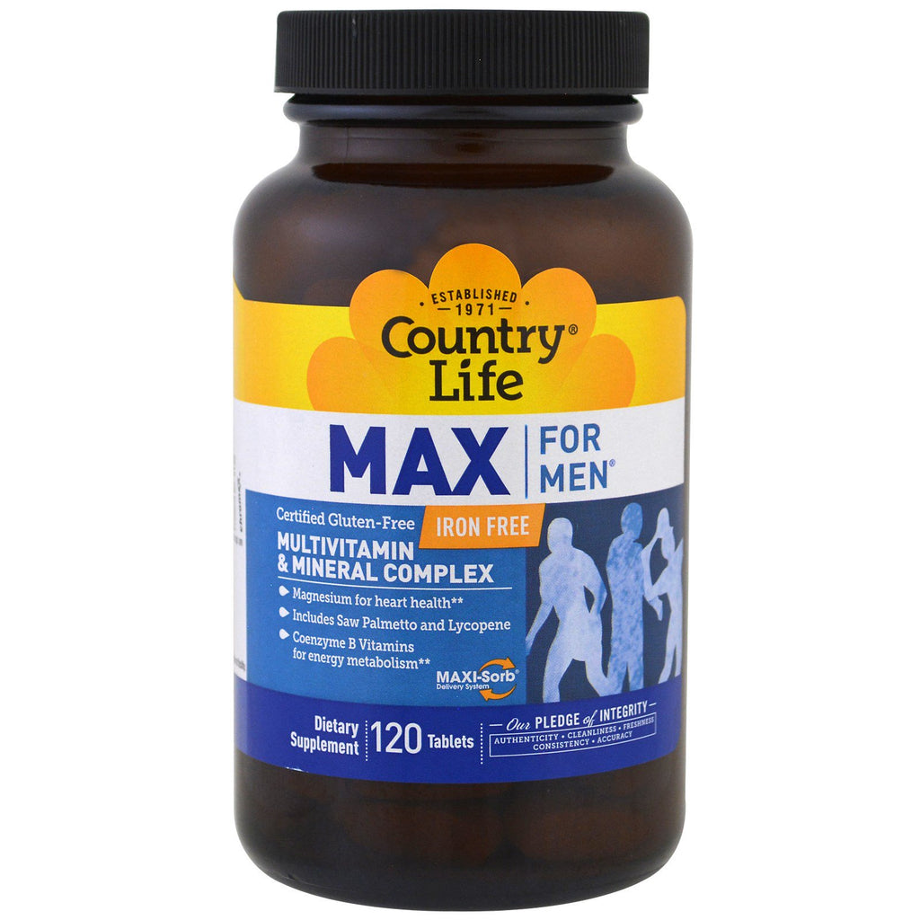 Country Life, Max voor mannen, Multivitaminen- en mineralencomplex, ijzervrij, 120 tabletten
