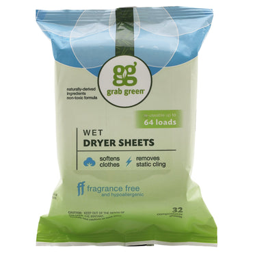 GrabGreen, Feuilles de séchage humide, sans parfum, 32 feuilles compostables