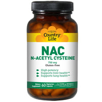 Country Life, NAC, N-acétylcystéine, 750 mg, 60 gélules végétales