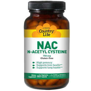 Country Life, NAC, N-Acetyl Cysteine, 750 mg, 60 Veggie Caps