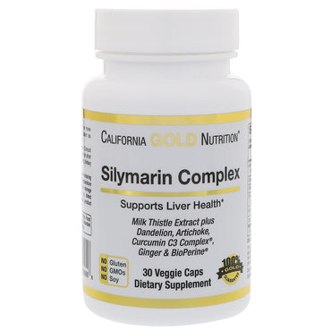 California Gold Nutrition, silymarinecomplex, kurkuma-mariadistelextract plus artisjok en paardenbloem met bioperine, 300 mg, 30 vegetarische capsules