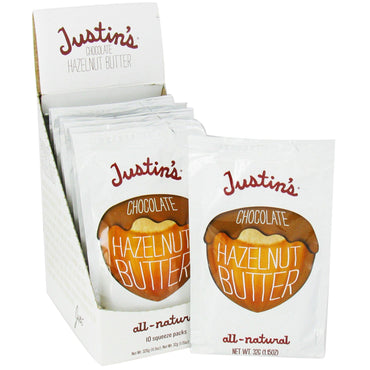 Justin's Nut Butter、チョコレートヘーゼルナッツバターブレンド、スクイーズパック10個、1パックあたり1.15オンス（32 g）