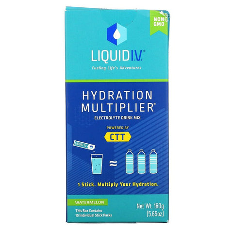 Liquid IV, ตัวคูณความชุ่มชื้น, เครื่องดื่มอิเล็กโทรไลต์ผสม, แตงโม, แพ็คแบบแท่ง 10 ซอง, 0.56 ออนซ์ (16 กรัม) ต่อขวด