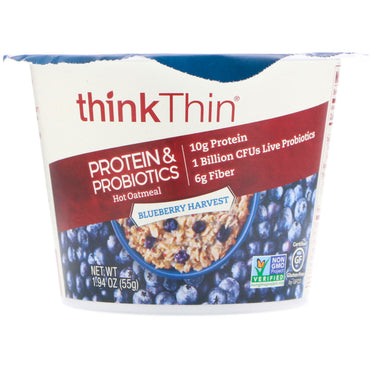 ThinkThin, Avena caliente con proteínas y probióticos, cosecha de arándanos, 55 g (1,94 oz)