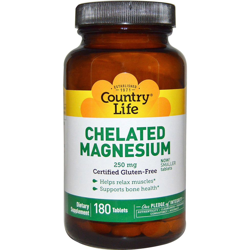 Country Life, chelatert magnesium, 250 mg, 180 tabletter