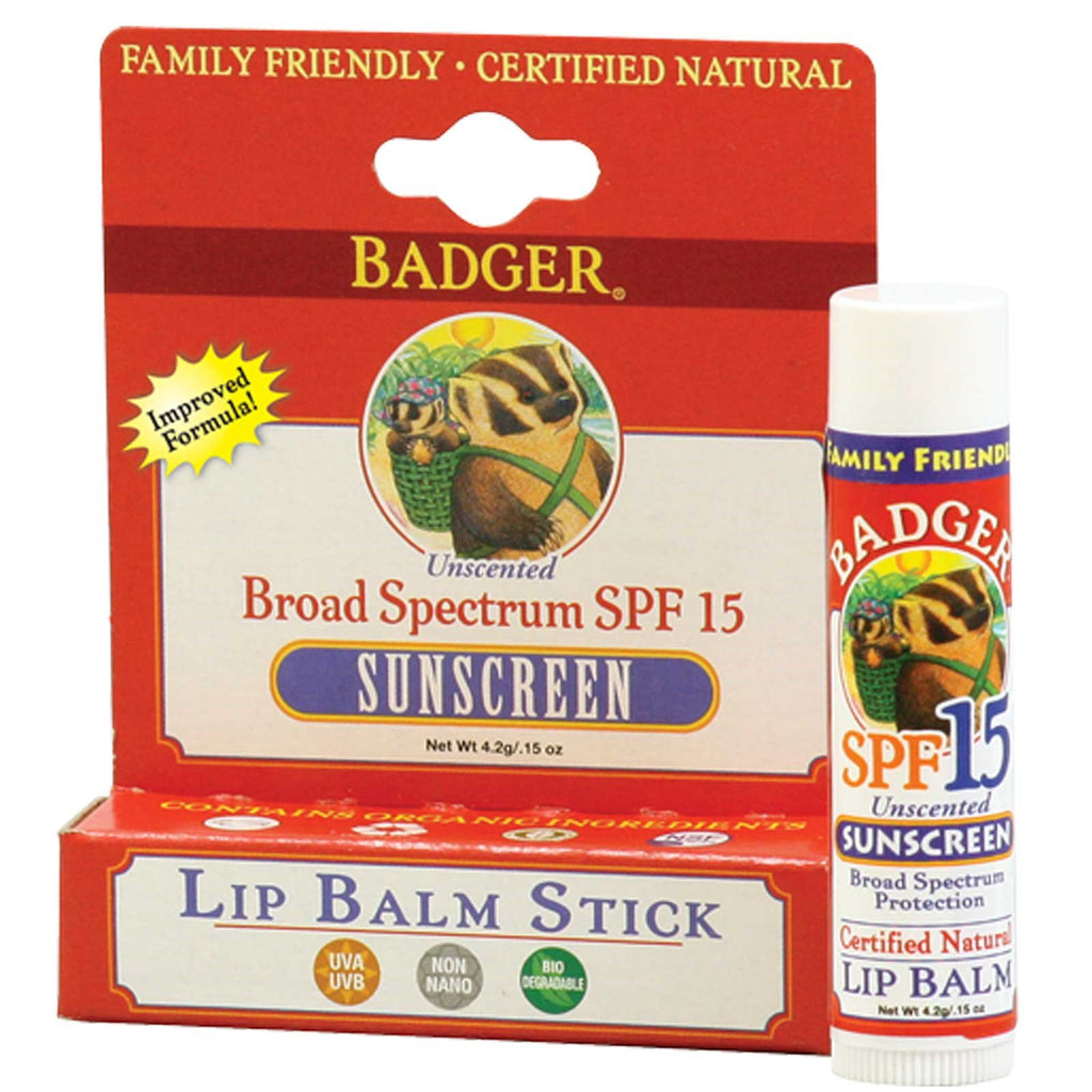 Badger Company, Balsam de buze cu protecție solară, SPF 15, fără parfum, 4,2 g (0,15 oz)