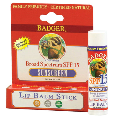 Badger Company, Sunscreen Lip Balm Stick, SPF 15, uparfumeret, 0,15 oz (4,2 g)