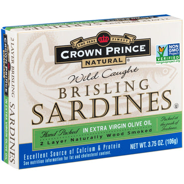 Crown Prince Natural, Sardinas Brisling, en aceite de oliva virgen extra, 3,75 oz (106 g)