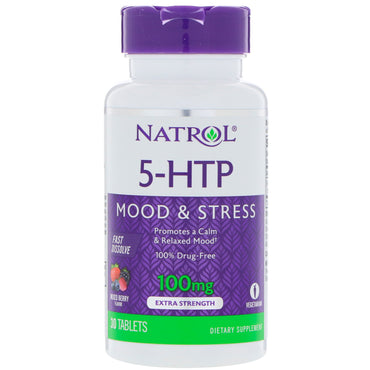 Natrol, 5-HTP, hurtigt opløseligt, ekstra styrke, vildbærsmag, 100 mg, 30 tabletter