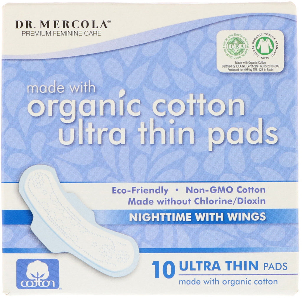 Dr. Mercola, Toallas sanitarias ultrafinas de algodón, Noche con alas, 10 toallas sanitarias