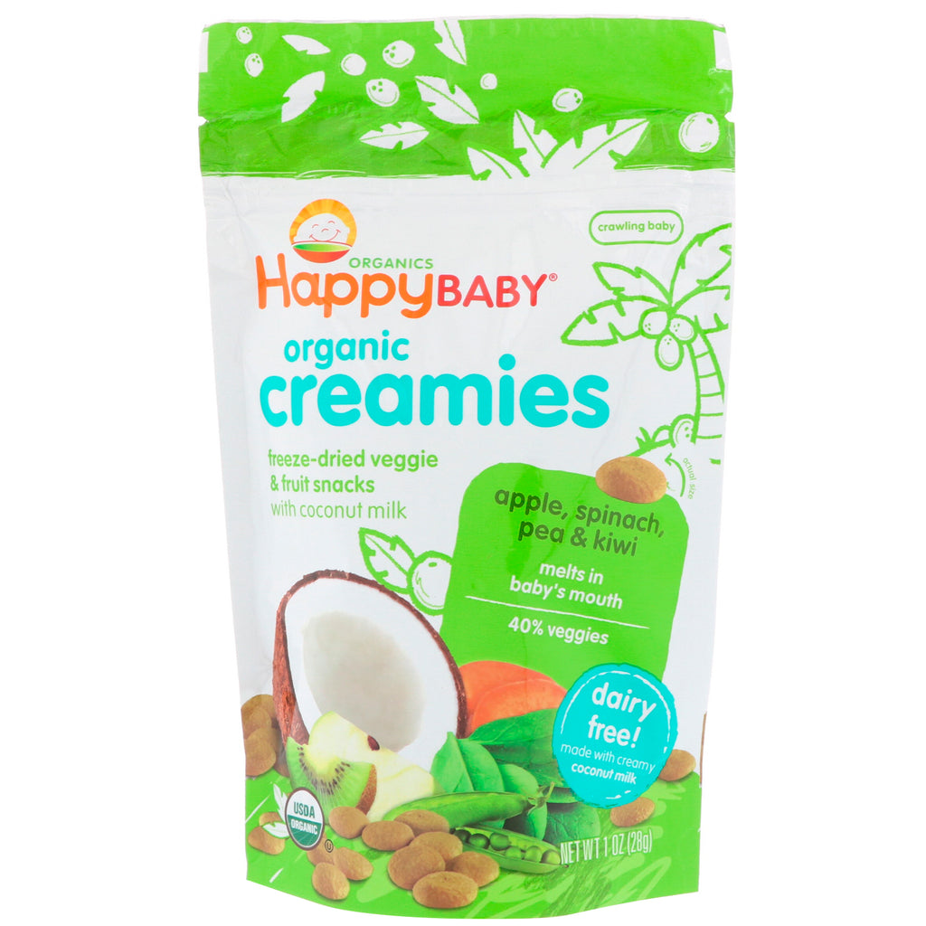 Nurture Inc. (Happy Baby) Creamies ירקות ופירות מיובשים בהקפאה חטיפי ירקות ופירות תפוח תרד אפונה וקיווי 1 oz (28 גרם)
