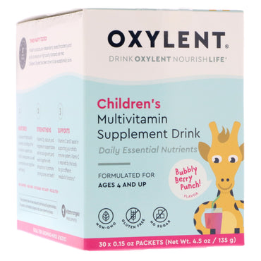 Vitalah, Children's Oxylent, bebida suplementaria multivitamínica, ponche de bayas burbujeantes, 30 paquetes, 4,5 g (0,15 oz) cada uno