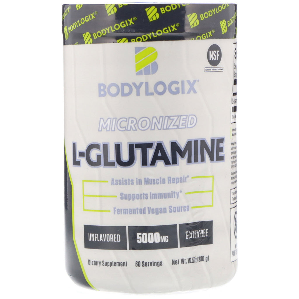 Bodylogix, mikronisert L-glutamin, uten smak, 5000 mg, 10,58 oz (300 g)