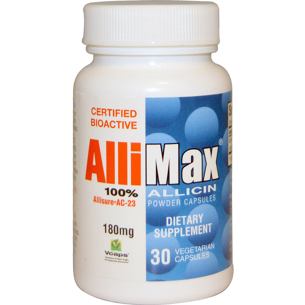 Allimax, 100% כמוסות אבקת אליצין, 180 מ"ג, 30 כוסות צמחיות