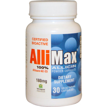 Allimax, 100 % Allicin-pulverkapsler, 180 mg, 30 grøntsagskapsler