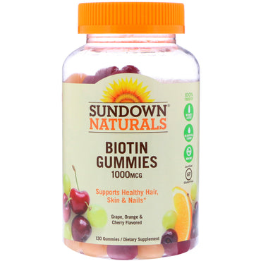 Sundown Naturals, biotinegummies, druiven-, sinaasappel- en kersensmaak, 1000 mcg, 130 gummies