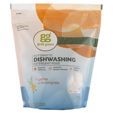 GrabGreen, Detergente en cápsulas para lavavajillas automático, mandarina con hierba de limón, 60 cargas, 2 libras, 6 oz (1080 g)